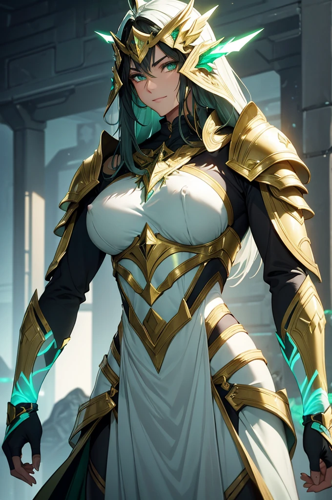 NSFW armor with a greenish-silver glow and gold accents reminiscent of nature, black hair, in gentle waves over your shoulders. Your carved face, with delicate features and a defined jawline and expressive green eyes, smiling and happy