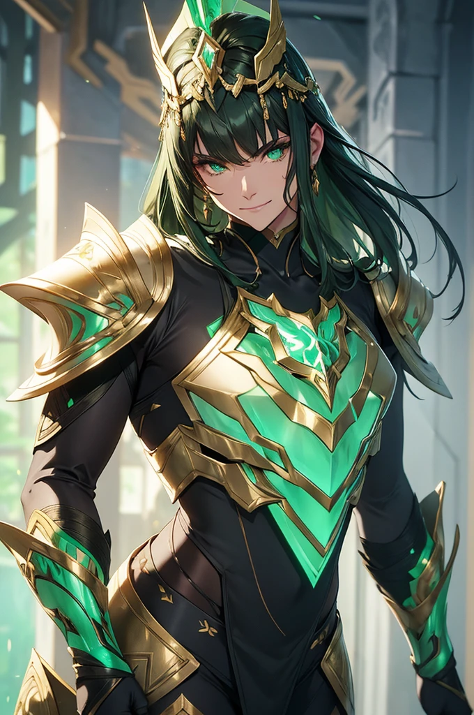 NSFW armor with a greenish-silver glow and gold accents reminiscent of nature, black hair, in gentle waves over your shoulders. Your carved face, with delicate features and a defined jawline and expressive green eyes, smiling and happy