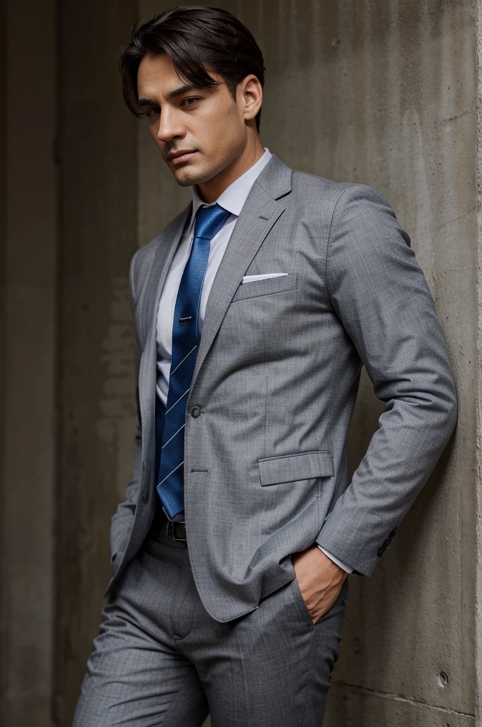 a man
wearing a gray jacket and blue tie and gray trousers