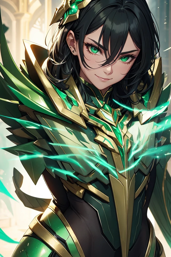 NSFW armor with a greenish-silver glow and gold accents reminiscent of nature, black hair, in gentle waves over your shoulders. Your carved face, with delicate features and a defined jawline and expressive green eyes, smiling and happy