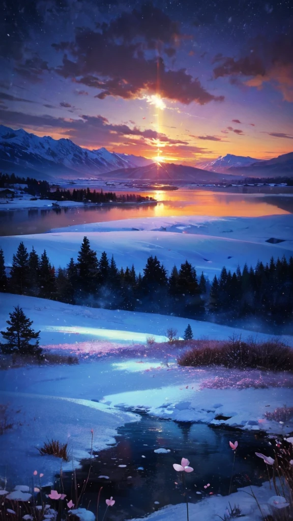 Masterpiece、8k、Raw Imageagical、High Quality、Realistic、Extreme Detail、CG、8k、High Quality、Extreme Detail、Particle Effects、Dynamic Effects、Outline Depth、Light Cinema Level、Lens Flare、Ray Tracing、Table Top、Realistic、Ultra High Definition、Fantasy、Night、Wind、Darkness、Frost、Cold Winter、Snow Capped Mountains、Frost、Mountains Snow-covered land、The beauty and luster of frost-covered trees、Quiet and beautiful meadows in a world full of ice and snow、Vast land、Lakeside、Magical、Wind、Night、Wind 、Cherry blossoms、Cherry blossoms、Falling petals