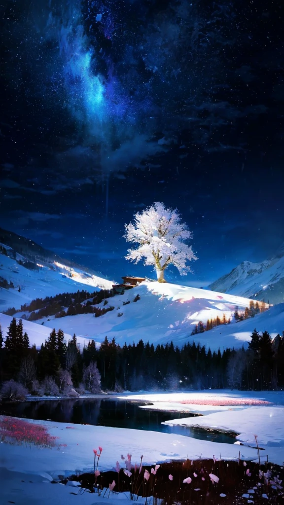 Masterpiece、8k、Raw Imageagical、High Quality、Realistic、Extreme Detail、CG、8k、High Quality、Extreme Detail、Particle Effects、Dynamic Effects、Outline Depth、Light Cinema Level、Lens Flare、Ray Tracing、Table Top、Realistic、Ultra High Definition、Fantasy、Night、Wind、Darkness、Frost、Cold Winter、Snow Capped Mountains、Frost、Mountains Snow-covered land、The beauty and luster of frost-covered trees、Quiet and beautiful meadows in a world full of ice and snow、Vast land、Lakeside、Magical、Wind、Night、Wind 、Cherry blossoms、Cherry blossoms、Falling petals