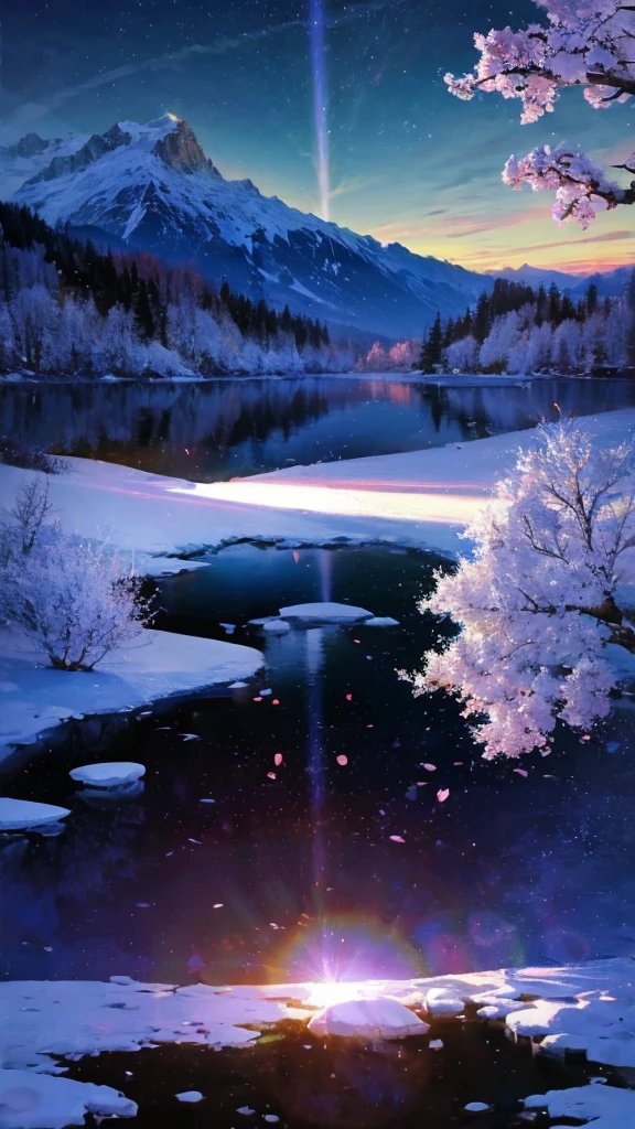 Masterpiece、8k、Raw Imageagical、High Quality、Realistic、Extreme Detail、CG、8k、High Quality、Extreme Detail、Particle Effects、Dynamic Effects、Outline Depth、Light Cinema Level、Lens Flare、Ray Tracing、Table Top、Realistic、Ultra High Definition、Fantasy、Night、Wind、Darkness、Frost、Cold Winter、Snow Capped Mountains、Frost、Mountains Snow-covered land、The beauty and luster of frost-covered trees、Quiet and beautiful meadows in a world full of ice and snow、Vast land、Lakeside、Magical、Wind、Night、Wind 、Cherry blossoms、Cherry blossoms、Falling petals