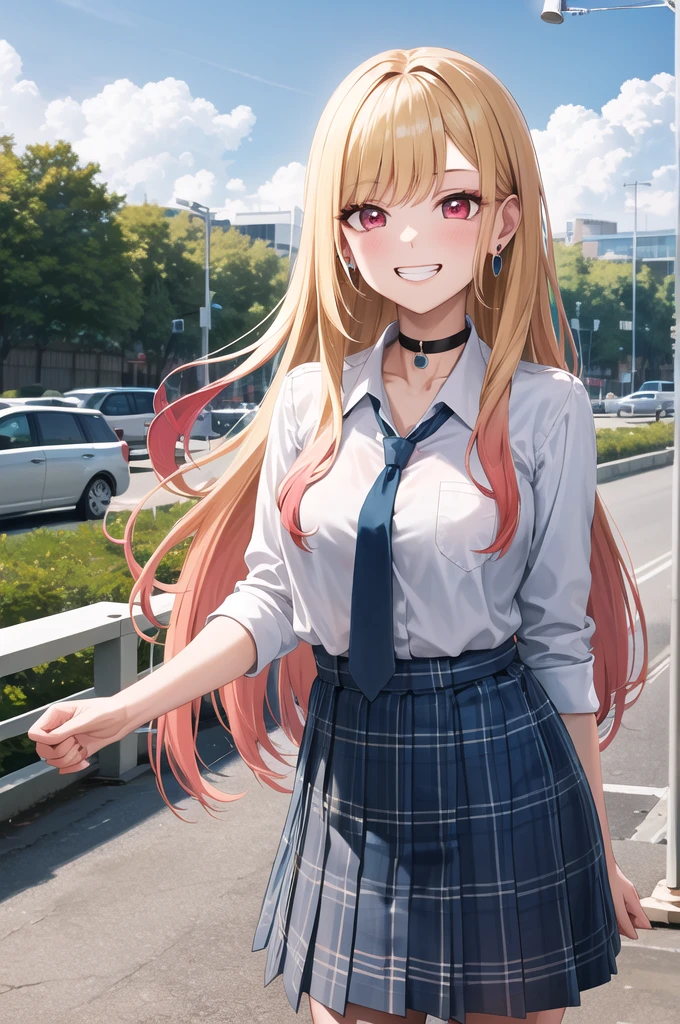 masterpiece, Highest quality, High resolution, Kitagawa Marine, One girl, Blonde, Long Hair, Multicolored Hair, Red eyes, jewelry, Earrings, Earrings, , White shirt, tie shirt, Black Choker, Blue tie, Checked skirt, Grin, smile, Are standing, Cowboy Shot, Outdoor,