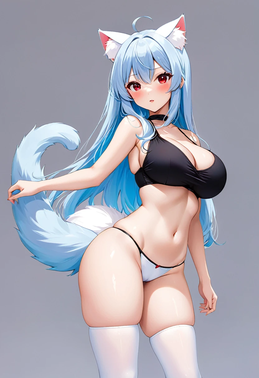 I am Yukiko, I am a white furred cat woman with long light blue hair along with cat ears and light red eyes with a blue cat tail. I am 1.62 cm tall , Dressed in a white mini skirt revealing the black thong she was wearing along with a short, tight black top. with huge breasts measure 200 cm, waist 40 cm and  hips 200 cm