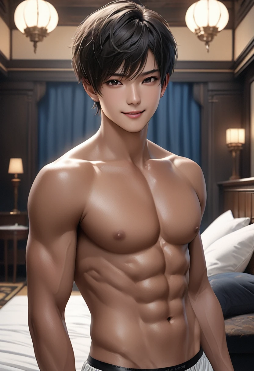 high quality, detailed, Realistic,(two tanned japanese idol boys:1.3), (detailed black eyes), (black short hair), (abs), (tanned dark brown skin), night palace bedroom, (black tiny thong), (bulge), (detailed nipples), detailed areola,best quality,4k,8k,highres,masterpiece:1.2),ultra-detailed,(realistic,photorealistic,photo-realistic:1.37), looking at viewer,smirk,face close up, --no watch,