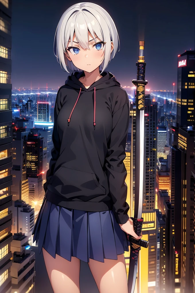 (masterpiece), (best quality), (ultra detailed), (high res 8K), 1 girl, late teenage, standing, contrappost, full body, low angle, hoody, mini-skirt,((katana)), short hair, silver hair, serious, looking away, cityscape in Tokyo, night, rim lighting, high contrast, professional lighting, stunning face, symmetrical clear eyes, detailed eyes and face,(near future)