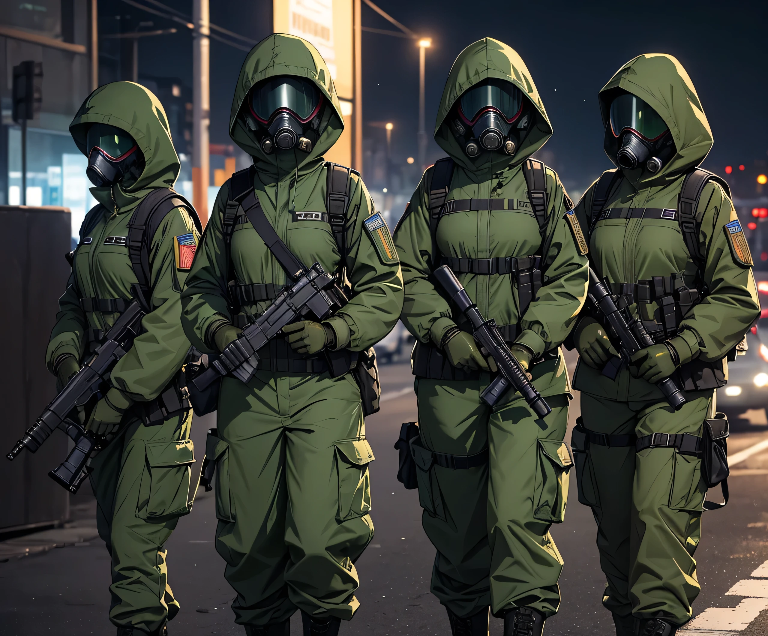 Three female soldiers patrolling side by side at night、Wearing dark green M-51 hooded military uniform、Hooded on head、Gas Mask、Magazine Pouch、Gloves、Military Pants、Knee pads，Write details、masterpiece、best quality、Highly detailed CG、8K picture quality