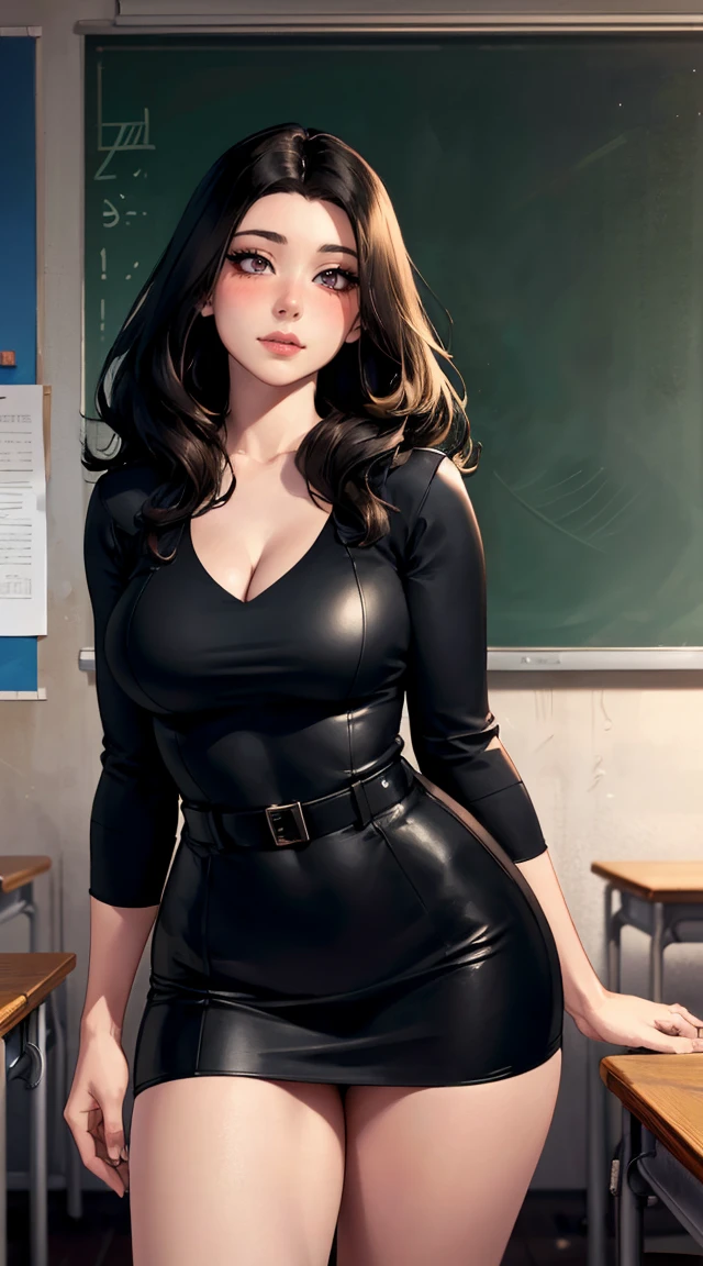 (best quality,4k,8k,highres,masterpiece:1.2),ultra-detailed,(realistic,photorealistic,photo-realistic:1.37),Nezuko Kamado,sexy seductive teacher,beautiful detailed eyes,beautiful detailed lips,long eyelashes,long dark hair,slim and curvy body,cleavage,revealing clothes,short skirt,provocative underwear,confident posture,teaching sex education,classroom setting,blackboard,books and papers,students paying attention,engaged and interested expression,focused and professional teaching,education posters on the wall,vivid colors,studio lighting,soft and warm color tones,gentle and inviting atmosphere