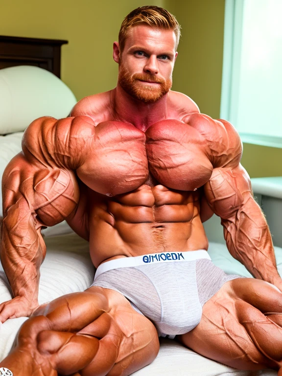 (perfect man:1.5), (ginger-blonde), slight beard, hairy, vascular, realistic, posing, muscle bimbo, extraordinary attractive European man with blue eyes, (muscular:1.5), ginger, (defined muscles:1.5), rippling chest, erotic facial expression, rugged, (white underpants:1.5), in bed, bedroom