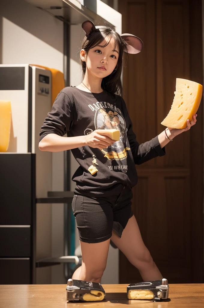 Create the image of a magic mouse, very powerful, holding up a slice of cheese in hand, as if she were the most powerful object in the world.