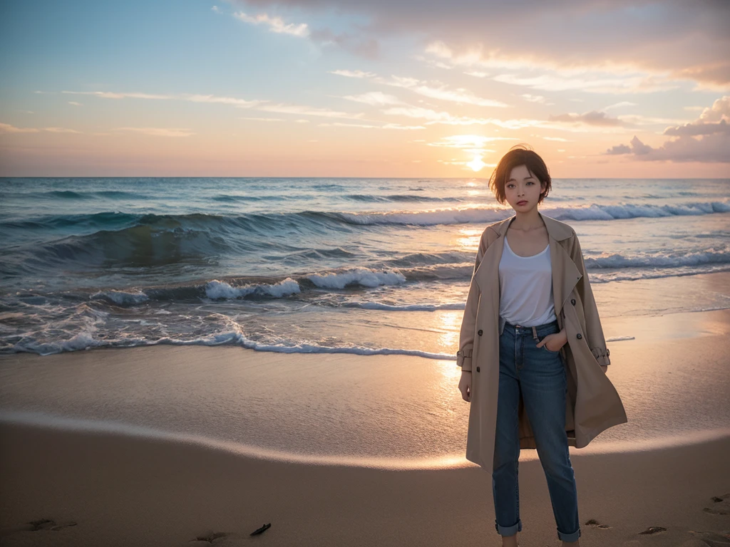 8K, Vivid picture quality, The picture quality is vivid., Realistic and perfect picture quality, long deserted beach, sunset viewer, short hair that touches the shoulders and covers the neck, red light of sunset, sunset, alone, afternoon, depressed, waves are coming, ocean, birds, wind, short korean girl, thick shirt, jeans, light trench coat, 잔잔한 birds