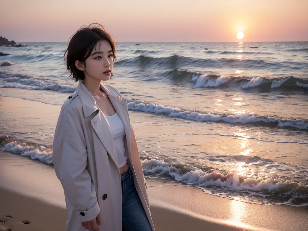 8K, Vivid picture quality, The picture quality is vivid., Realistic and perfect picture quality, long deserted beach, sunset viewer, short hair that touches the shoulders and covers the neck, red light of sunset, sunset, alone, afternoon, depressed, waves are coming, ocean, birds, wind, short korean girl, thick shirt, jeans, light trench coat, 잔잔한 birds