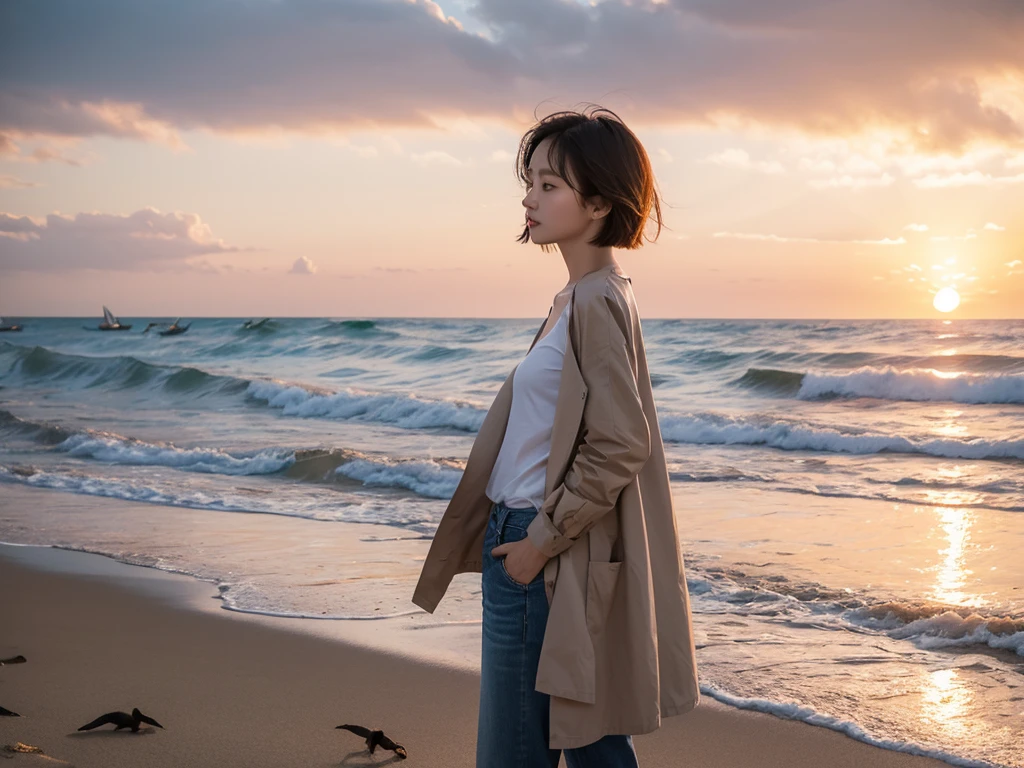 8K, Vivid picture quality, The picture quality is vivid., Realistic and perfect picture quality, long deserted beach, sunset viewer, short hair that touches the shoulders and covers the neck, red light of sunset, sunset, alone, afternoon, depressed, waves are coming, ocean, birds, wind, short korean girl, thick shirt, jeans, light trench coat, 잔잔한 birds