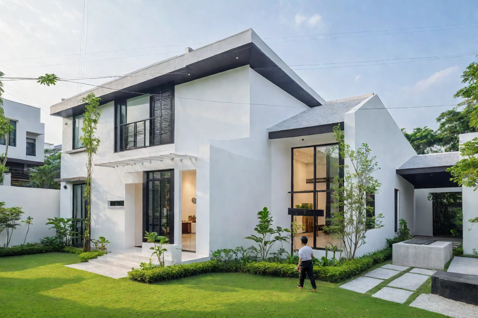 A modern minimalist style single-story villa with a flat roof, white walls and glass windows in Vietnam is surrounded by green lawns, ((road)), ((sidewalk)), (sidewalk trees), The overall architectural design features clean lines and simplicity, creating an elegant atmosphere. Use professional photography techniques to capture details and highlight the unique architecture of contemporary luxury houses in the style of minimalism