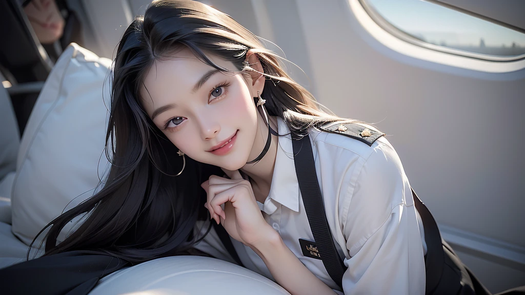(8K High Resolution), (Highest quality), (RAW Image Quality),(Tabletop:1.2), (Realistic), (Realistic:1.37), ,Large Eyes,Long eyelashes,(Live-action realistic style),The ultimate face,Realistic light and shadow,Distinct facial features,,Fair skin, ),(The ultimate face,Extraordinary beauty),Best Portrait, One girl,Beautiful attention to detail,Highly detailed skin,(Beautiful face with double eyelids), (realism: 1.4),((3/4 Length Shooting)) ,Delicate and beautiful face,,Female about 20 years old,(Beautiful Face 1.4),moderate hair length,(lipstick,Discomfort around the eyes,Earrings Beautiful),((Taken inside an airplane)),(Stand leaning against the aisle of an airplane),(Flight attendant uniform)),,(Flight attendants in uniform),,(Cowboy Shot),Shoot from the front,,Close-range shooting,,(((Show your best smile to the audience))),Lightly dressed flight attendants,Expose the bra a little,((Showing panties)),Show the audience your panties,I'm wearing white panties,(Smiling at the viewer),