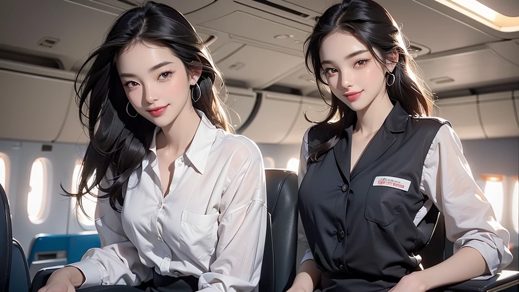 (8K High Resolution), (Highest quality), (RAW Image Quality),(Tabletop:1.2), (Realistic), (Realistic:1.37), ,Large Eyes,Long eyelashes,(Live-action realistic style),The ultimate face,Realistic light and shadow,Distinct facial features,,Fair skin, ),(The ultimate face,Extraordinary beauty),Best Portrait, One girl,Beautiful attention to detail,Highly detailed skin,(Beautiful face with double eyelids), (realism: 1.4),((3/4 Length Shooting)) ,Delicate and beautiful face,,Female about 20 years old,(Beautiful Face 1.4),moderate hair length,(lipstick,Discomfort around the eyes,Earrings Beautiful),((Taken inside an airplane)),(Stand leaning against the aisle of an airplane),(Flight attendant uniform)),,(Flight attendants in uniform),,(Cowboy Shot),Shoot from the front,,Close-range shooting,,(((Show your best smile to the audience))),Lightly dressed flight attendants,Expose the bra a little,((Showing panties)),Show the audience your panties,I'm wearing white panties,(Smiling at the viewer),