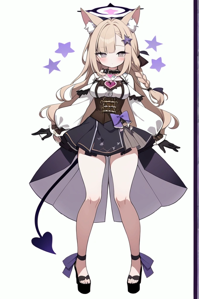 woman 170 cm tall. medium chest, wide hip, slim build, ((whole body)). (((character design sheet: front view))). (dark blonde hair, (hip-length wavy hair with asymmetrical bangs, star hairpin), (She has a short braid tied with an elegant purple ribbon on the left side of her hair above her chest). (She has a short braid tied with an elegant purple ribbon on the right side of her hair above her chest). She has small hair ties in the back of her hair..). ((Gray eyes with a pink 4-pointed star in the pupil)). Two black and purple fox ears located on the top of the head. (Luminous black halo with purple star patterns above his head). He has a black collar with a heart emblem on his neck.. (Elegant long one piece dress, thigh-length lace and ruffle skirt, ribbon decorations and star patterns on the dress). black gloves, beautiful black platform heels. gray belt at the waist with a large ribbon with a luminous pink heart in the middle. (It has a beautiful succubus tail that ends in a small purple star at the tip..). ((It has complex robotic legs that reach up to the thighs and are black with small purple details..)). beautiful detailed hair, beautiful detailed dress. extremely detailed arms. extremely detailed face, small face, Beautiful detailed eyes, beautiful detailed lips. adorable. extremely detailed legs. (Best Quality, 4k, high resolution), ultra detailed, Exquisite and epic character art, ((White background)). (Focus on symmetry).