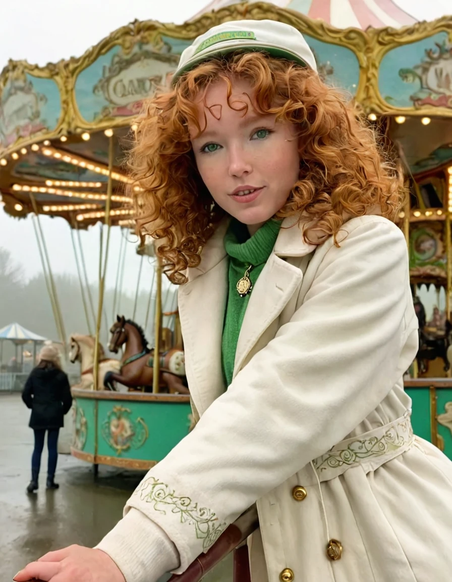 1970s, Femke Quintana, her curly brown hair and bright green eyes standing before the vintage carousel in an old amusement park on a foggy morning, donned in a flowing white coat with intricate gold embroidery and a matching hat embellished by a delicate silver charm, captures a memorable pose for the vintage film camera angled above as she balances one leg bent and the other straight, her arms relaxed by her sides with hands dangling loosely at hip level, the scene exuding drama and mystery. 