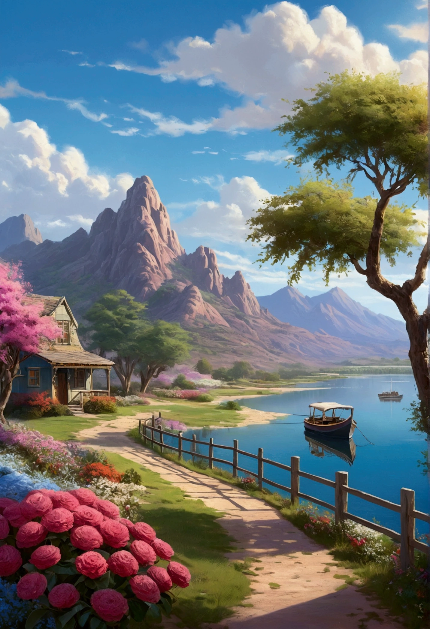 Mountain and tree painting, Pool, , Flowers beside the fence, Fence along the road, Mountain landscape with lake and boat, Illustration Matte Painting, Inspired by Thomas Kinkade, Symmetrical Matte Paint, Detailed landscape , Style Raw, 8k ultra high definition, Environmental design illustration, Landscape painting (details), Seaside scenery, Concept Art, Highly detailed digital art in 4K, 4K Digital Painting, 4K Digital Painting, Amazing digital illustrations, Desert Background, デジタルペインティングConcept Art, Detailed digital painting