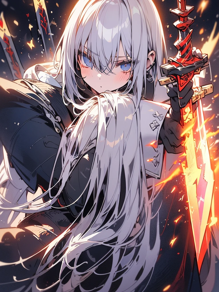 (late afternoon,dense atmosphere,cold,sensual,medieval,hurricane,Lightning,eyeing,eye),(8k highly detailed),female, white hooded cloak, long white hair,Full body silver armor,tired,masterpiece,mature,slim,tall,(((((holding a sacred sword))))),dark fantasy,cinematic light,dynamic shadow,blue eyes,ache,wandering,kneel down