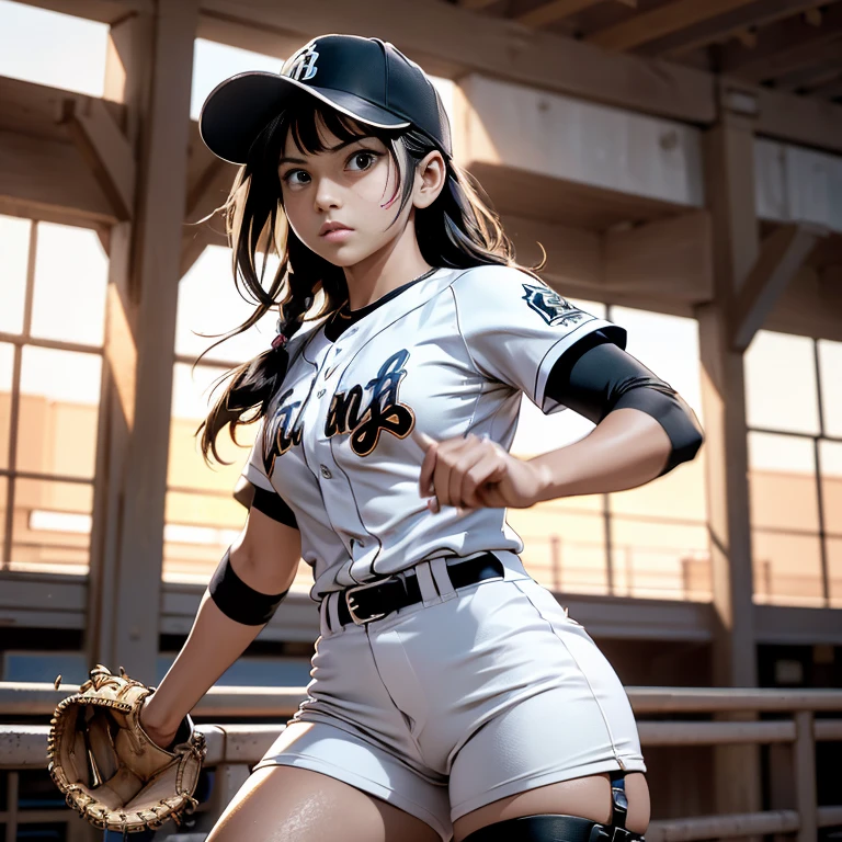 Baseball Player, (best quality, masterpiece, hyper detailed, ultra high res, photorealistic, raw photo, absurdres, absolutely resolution:1.3), (portrait), 4K, ultra HD, insanely detailed and intricate, 1girl, solo, beautiful detailed hair, beautiful detailed face, beautiful detailed eyes, beautiful clavicle, beautiful body, beautiful chest, beautiful thigh, beautiful legs, beautiful fingers, shiny skin, tan, brown eyes, single braid, thin bangs, black hair, ( high school girl, Baseball uniform, baseball cap), HDR, extremely detailed CG, f 2.8 lens, (beautiful detailed background), detailed landscape, (dynamic pose:1.2), (cowboy shot:1.2), (baseball field, baseball stadium), determined, nervous, pitching, pitcher,