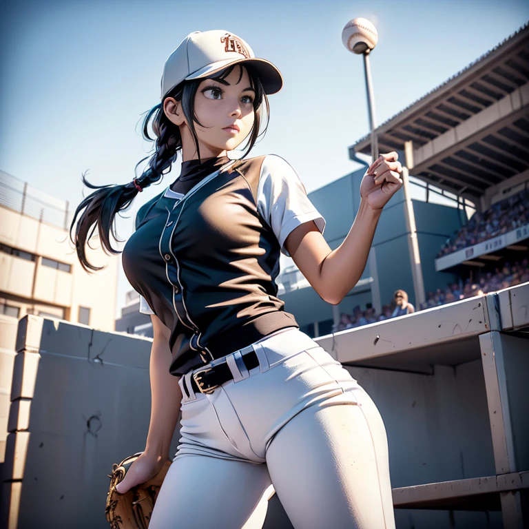 Baseball Player, (best quality, masterpiece, hyper detailed, ultra high res, photorealistic, raw photo, absurdres, absolutely resolution:1.3), (portrait), 4K, ultra HD, insanely detailed and intricate, 1girl, solo, beautiful detailed hair, beautiful detailed face, beautiful detailed eyes, beautiful clavicle, beautiful body, beautiful chest, beautiful thigh, beautiful legs, beautiful fingers, shiny skin, tan, brown eyes, single braid, thin bangs, black hair, ( high school girl, Baseball uniform, baseball cap), HDR, extremely detailed CG, f 2.8 lens, (beautiful detailed background), detailed landscape, (dynamic pose:1.2), (cowboy shot:1.2), (baseball field, baseball stadium), determined, nervous, pitching, pitcher,