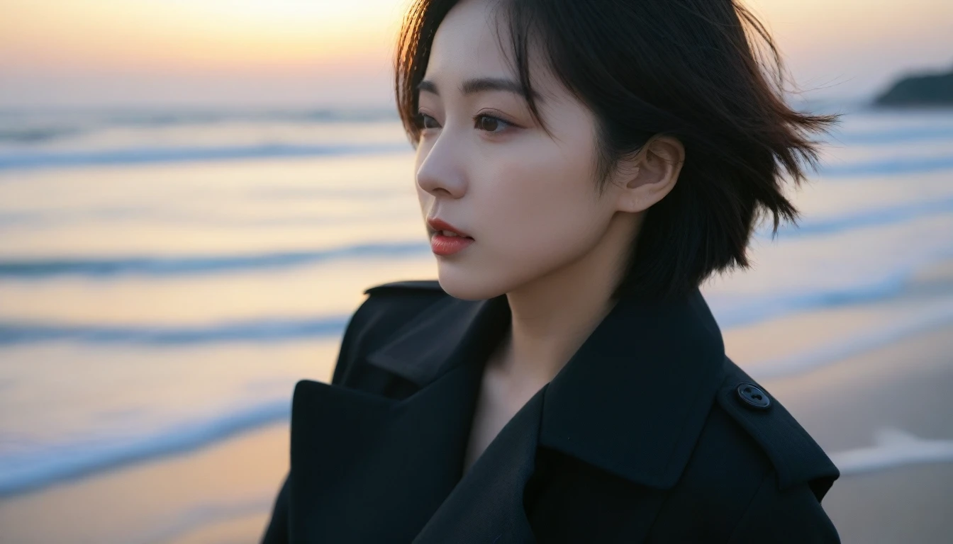8K, Vivid picture quality, The picture quality is alive, long deserted beach, 멀리서 sunset 뷰, short hair that covers the neck, , Black trench coat, sunset의 붉은 빛, sunset, alone, afternoon, depressed, tide가 밀려온다, ocean, tide, wind, short korean girl, 잔잔한 tide, Canon Camera 16-35 Wide Angle Lens, full body shot