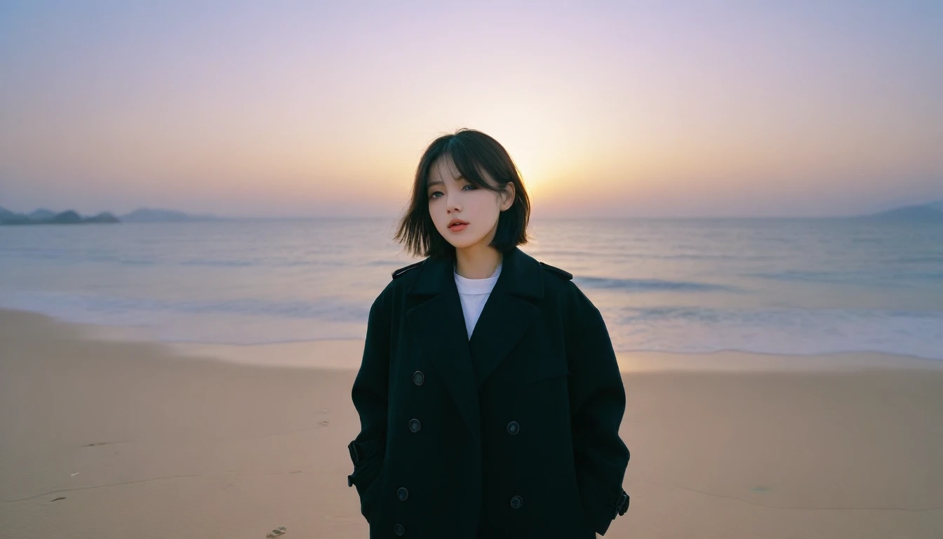 8K, Vivid picture quality, The picture quality is alive, long deserted beach, 멀리서 sunset 뷰, short hair that covers the neck, , Black trench coat, sunset의 붉은 빛, sunset, alone, afternoon, depressed, tide가 밀려온다, ocean, tide, wind, short korean girl, 잔잔한 tide, Canon Camera 16-35 Wide Angle Lens, full body shot