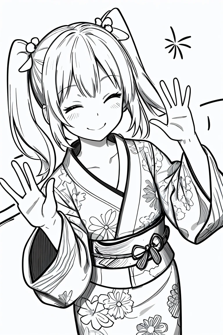 masterpiece,, One Girl, alone, short, White Background, Monochrome, Line art, ((sketch))、Look forward、Wearing a yukata、Yukata with fireworks pattern、smile、Waving right hand、Side Ponytail、Winking、One eye closed