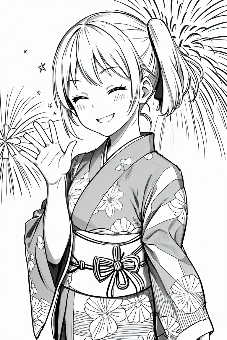 masterpiece,, One Girl, alone, short, White Background, Monochrome, Line art, ((sketch))、Look forward、Wearing a yukata、Yukata with fireworks pattern、smile、Waving right hand、Side Ponytail、Winking、One eye closed