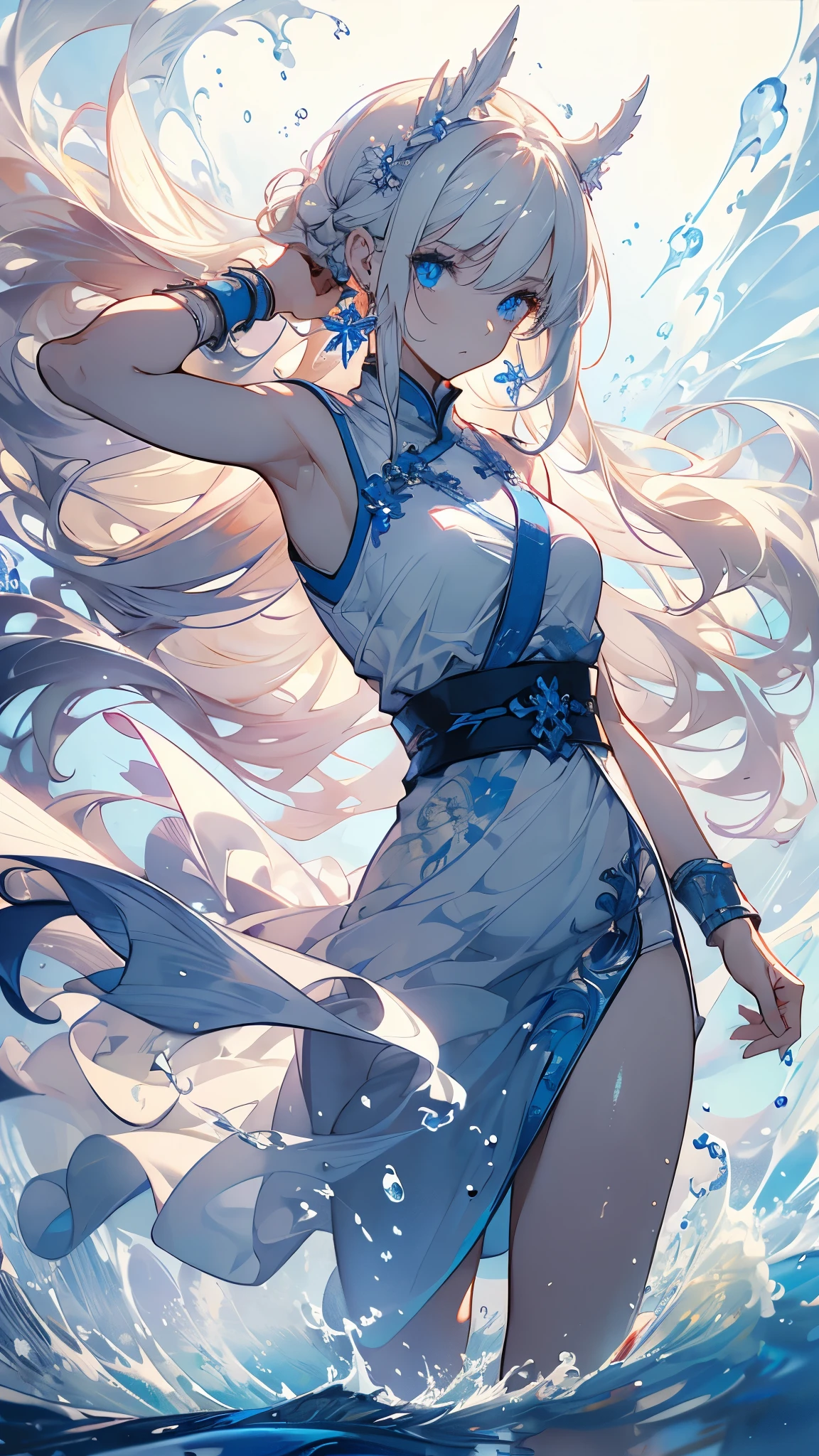 ((masterpiece, best quality)), Epic battlefield atmosphere,Water Ripples,Delicate face,Pure white background,Depicts a beautiful goddess with long hair, Flowing white hair,whole body,Standing picture,Shining blue eyes,She is wearing a white cheongsam,Perfect body proportions