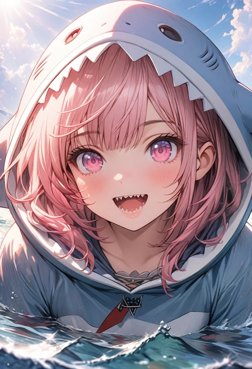 masterpiece, Highest quality, Highly detailed CG Unity 8k wallpaper, Illustration of a cute girl in a shark costume. Playing in the sea. Sunlight reflecting off the sea, Produce a variety of colors. The background is a realistic representation,Wearing a hood,Pink bob hair,Bangs,Align your bangs evenly,Pink Eyes,