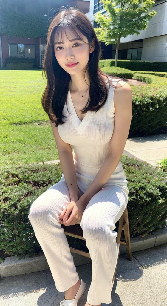1 Female actress, Solo, (16K, masutepiece, Raw photo, Best Quality,Realistic, Photorealsitic, Detailed skin:1.2),Extremely beautiful face, Seductive smile, Looking at Viewer, happy smaile, model posing, (Photorealsitic:1.4)、octane renderings、Complex 3D rendering ultra detail, Studio Soft Light, Rim Lights, vibrant detail, super detailing, realistic skin textures, Detail Face, Beautiful detail eyes, Very detailed CG Unity 16k wallpaper, make - up,BREAK (Full body portrait:1.5), ((fromsaide)) BREAK White Slacks, sleeveless rib-knit, Tuck in one's shirt, BREAK at park, ((sit down))