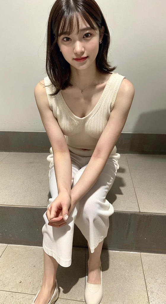 1 Female actress, Solo, (16K, masutepiece, Raw photo, Best Quality,Realistic, Photorealsitic, Detailed skin:1.2),Extremely beautiful face, Seductive smile, Looking at Viewer, happy smaile, model posing, (Photorealsitic:1.4)、octane renderings、Complex 3D rendering ultra detail, Studio Soft Light, Rim Lights, vibrant detail, super detailing, realistic skin textures, Detail Face, Beautiful detail eyes, Very detailed CG Unity 16k wallpaper, make - up,BREAK (Full body portrait:1.5), ((fromsaide)) BREAK White Slacks, sleeveless rib-knit, Tuck in one's shirt, BREAK at park, ((sit down))