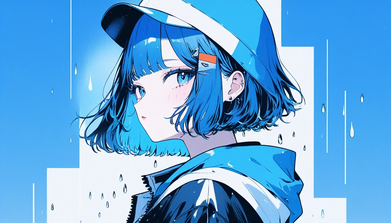 Illustrator, anime , Realistic ,sketch , 1 Girl, ,Blue Hair、Short bob hairstyle、penguin、penguin、lip, T-Shirts,order, Rainy gradient background, Neon Hair,Textured Trim, Canadian, (masterpiece,Highest quality) Cancer