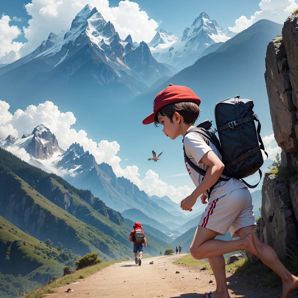 a small  is running excitedly, wearing a white t-shirt, carrying a backpack, wearing a red hat, behind him you can see a view of beautiful mountains decorated with a clear sky, birds can be seen flying, and above him you can see the title of the film written in the name "Si Bolong"