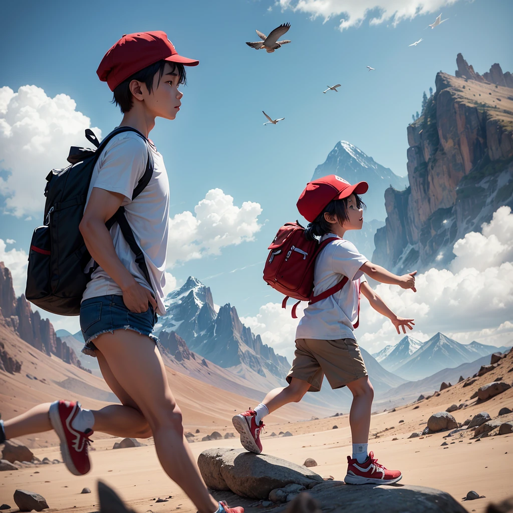 a small is running excitedly, wearing a white t-shirt, carrying a backpack, wearing a red hat, behind him you can see a view of beautiful mountains decorated with a clear sky, birds can be seen flying, and above him you can see the title of the film written in the name "Si Bolong"