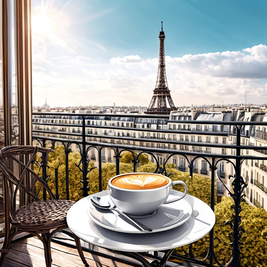 create a cup of coffee on a Paris city terrace with a view of the Eiffel Tower style illustration by Ali Erturk, High detail, HyperRealistic, natural light,illustration , bright colors