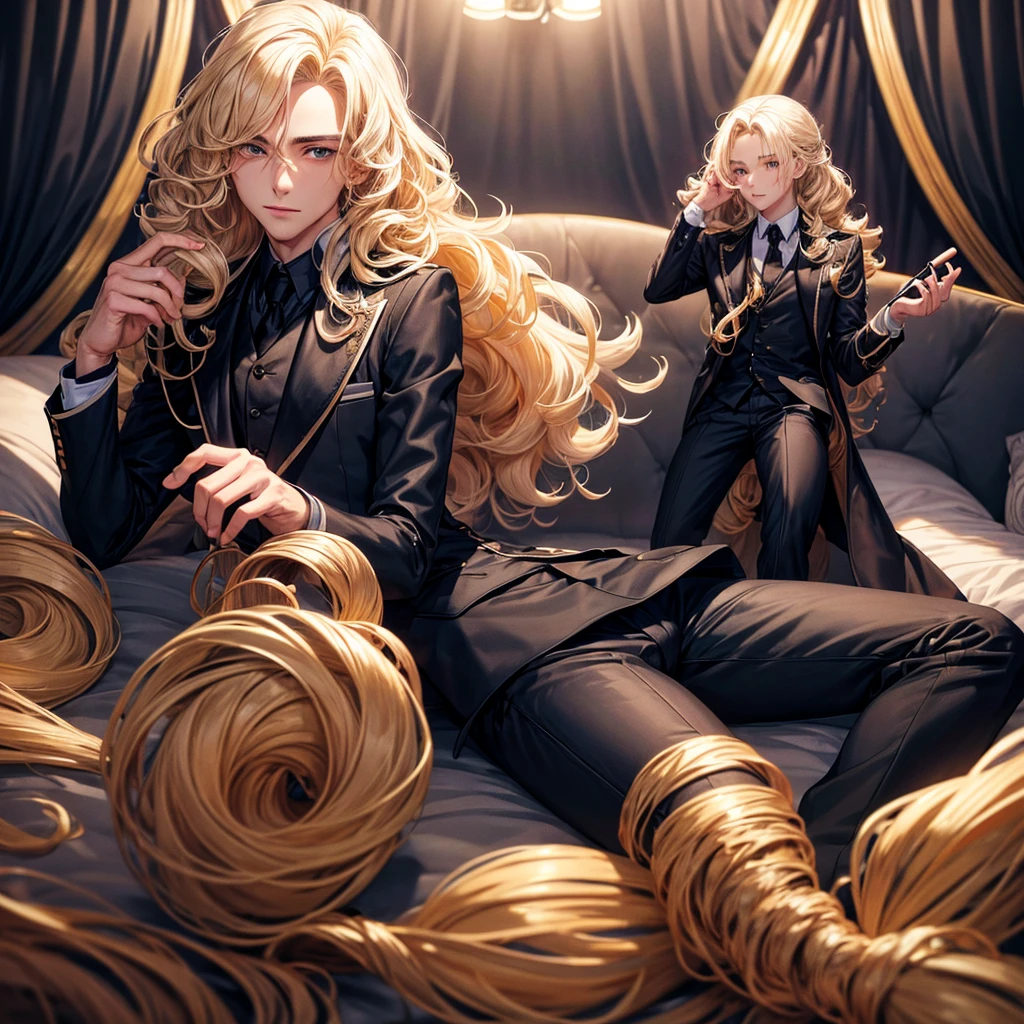 A young men with black suit, blonde curly hair, smooth skin tone,look Realistic,8k quality details, holding a mic in hand, background bedroom with professional lights.