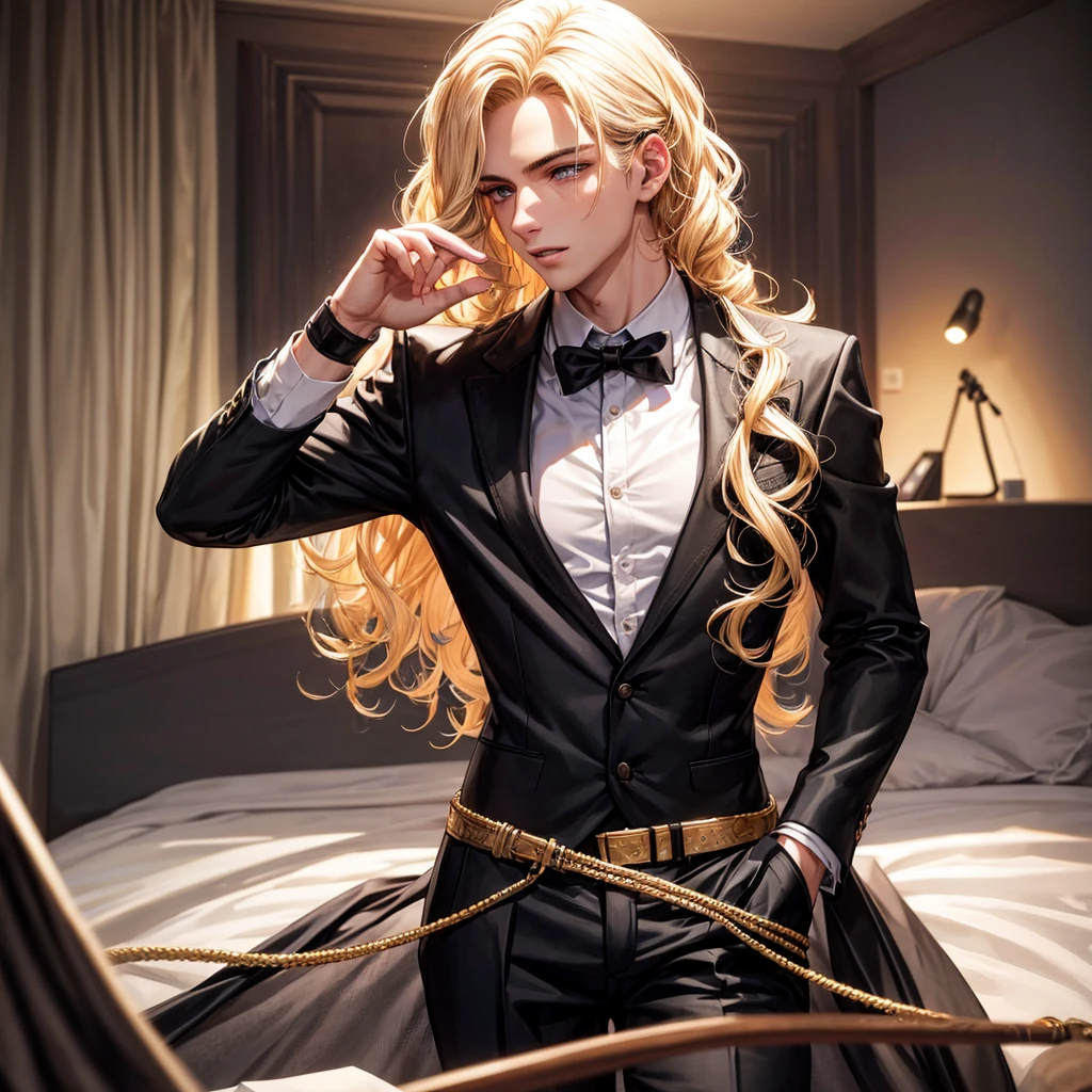 A young men with black suit, blonde curly hair, smooth skin tone,look Realistic,8k quality details, holding a mic in hand, background bedroom with professional lights.