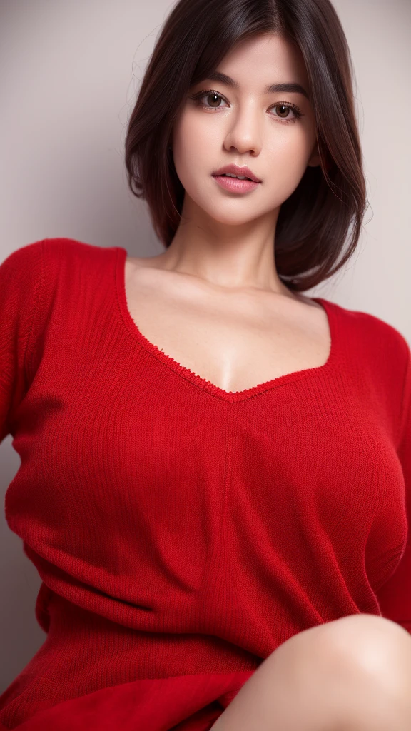 masutepiece, Best Quality, Illustration, Ultra-detailed, finely detail, hight resolution, 8K Wallpaper, Perfect dynamic composition, Beautiful detailed eyes, Natural Lip, Red knitted dress , Big breasts, cleavage. vonzy