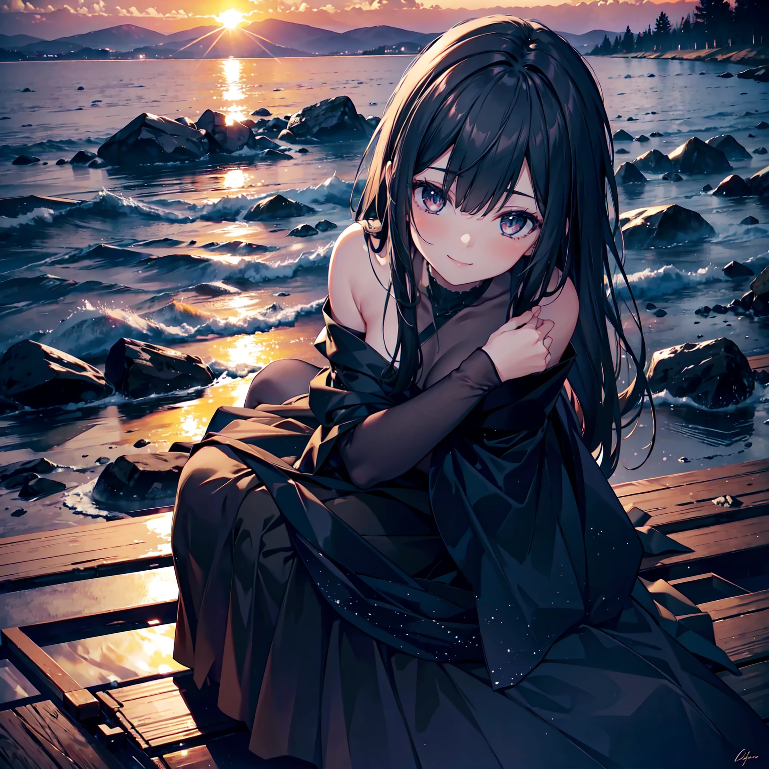 (Dark Scene, Soft lighting, High saturation):1.4, Vivid lighting, Enchanting elegance, Atmospheric Depth, Great technology, Naturalistic representation, Harmonious composition, Creative refinement, Striking contrast,
(One beautiful girl), Sitting, smile, View your audience, From above, Sharp focus, shoulder,
((sunset)),Volumetric Fog, Outdoor, Backlight