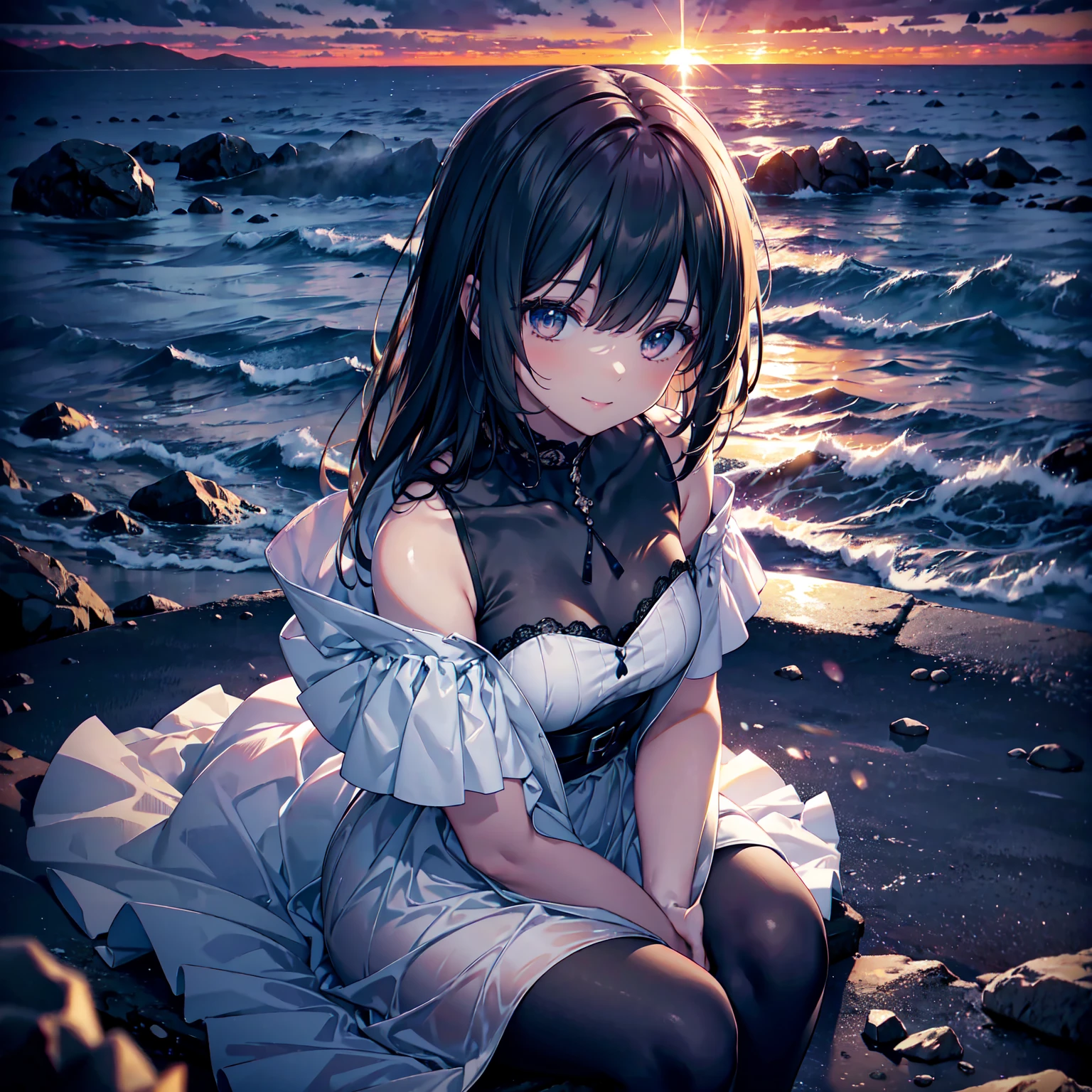 (Dark Scene, Soft lighting, High saturation):1.4, Vivid lighting, Enchanting elegance, Atmospheric Depth, Great technology, Naturalistic representation, Harmonious composition, Creative refinement, Striking contrast,
(One beautiful girl), Sitting, smile, View your audience, From above, Sharp focus, shoulder,
((sunset)),Volumetric Fog, Outdoor, Backlight