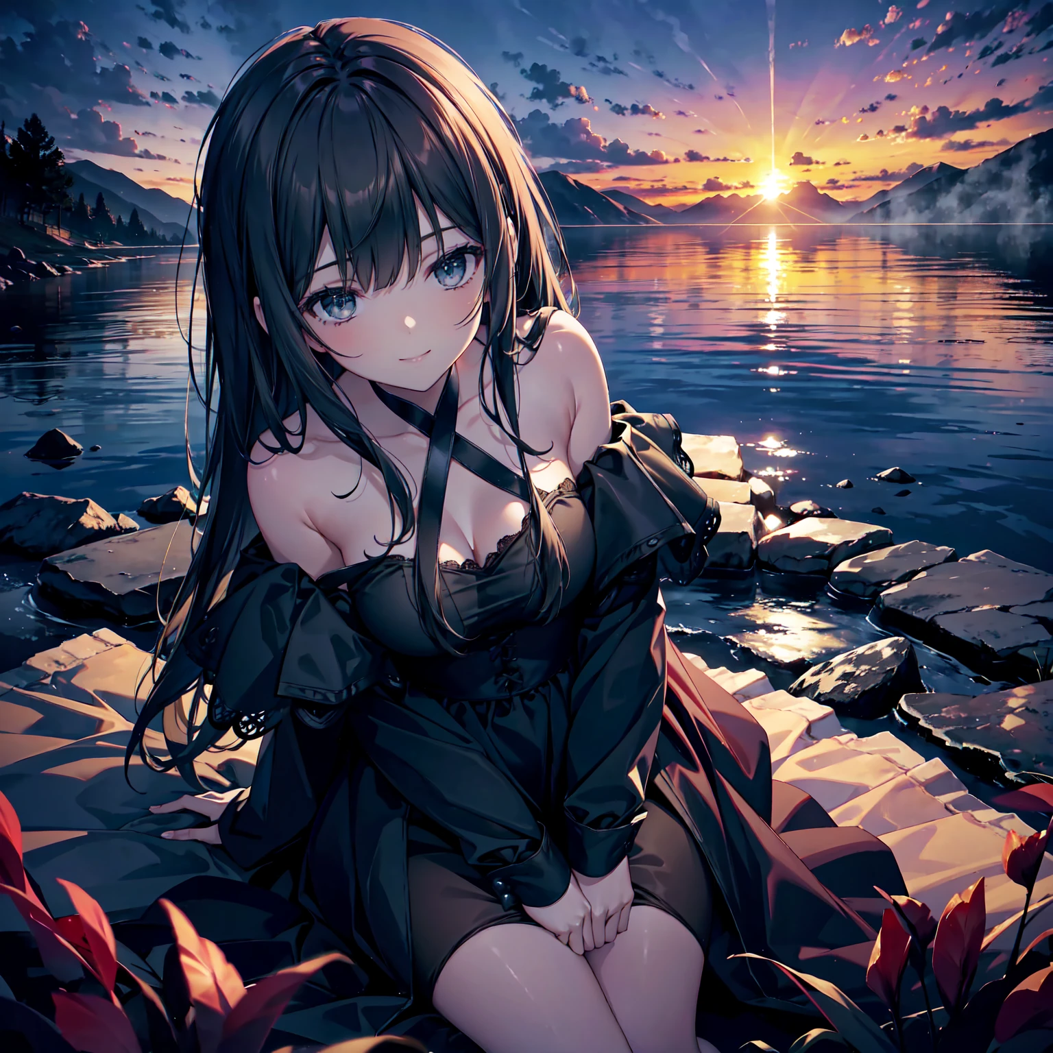 (Dark Scene, Soft lighting, High saturation):1.4, Vivid lighting, Enchanting elegance, Atmospheric Depth, Great technology, Naturalistic representation, Harmonious composition, Creative refinement, Striking contrast,
(One beautiful girl), Sitting, smile, View your audience, From above, Sharp focus, shoulder,
((sunset)),Volumetric Fog, Outdoor, Backlight