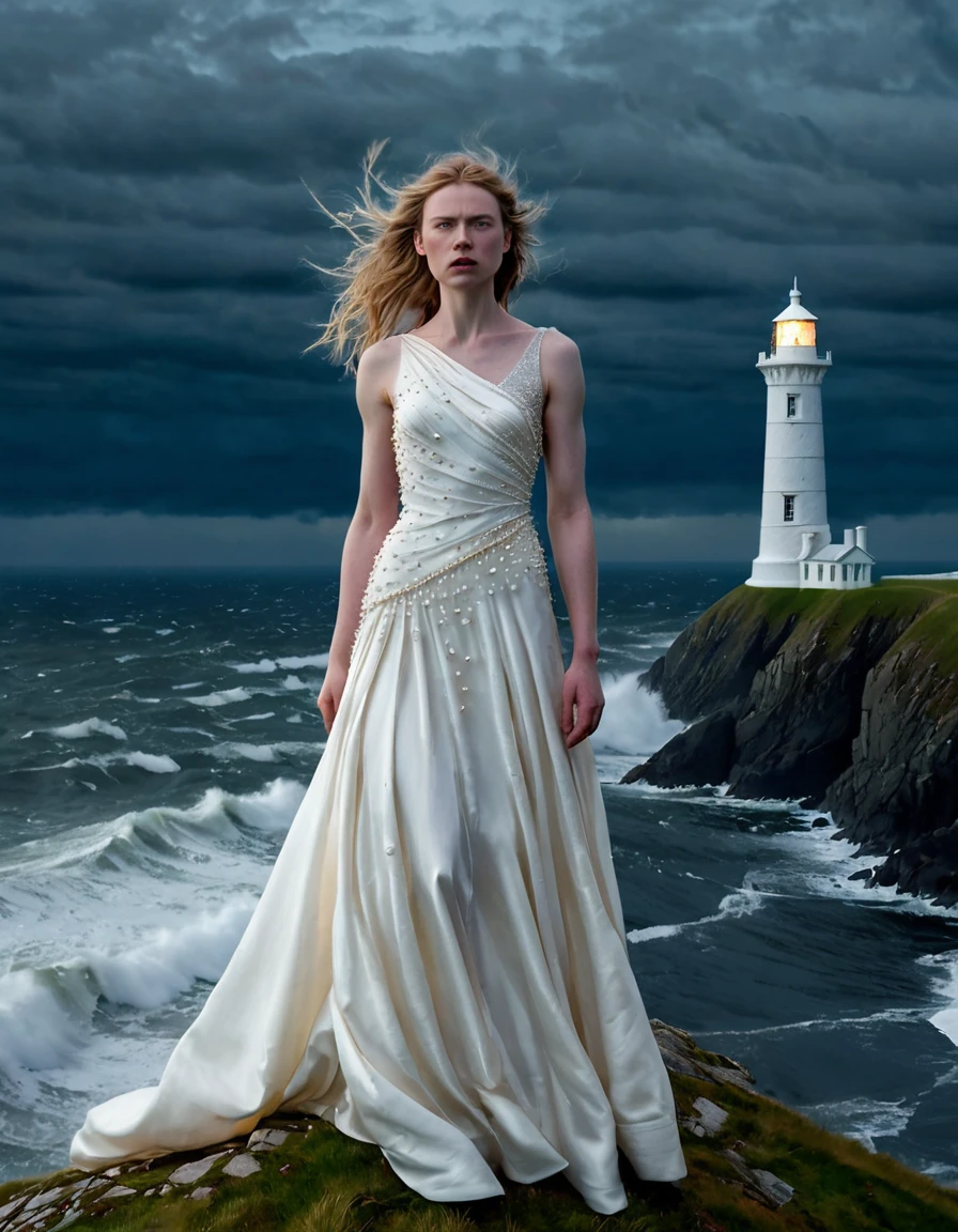 On a stormy night by the Irish sea, Josie stands defiantly atop a windswept cliff in her cascading ivory silk gown adorned with delicate pearls, mirroring the solitary lighthouse that casts its beacon into the darkness. The storm rages around her, but she remains unbowed, her gaze fixed upon the horizon as she longingly yearns for something beyond her reach. 