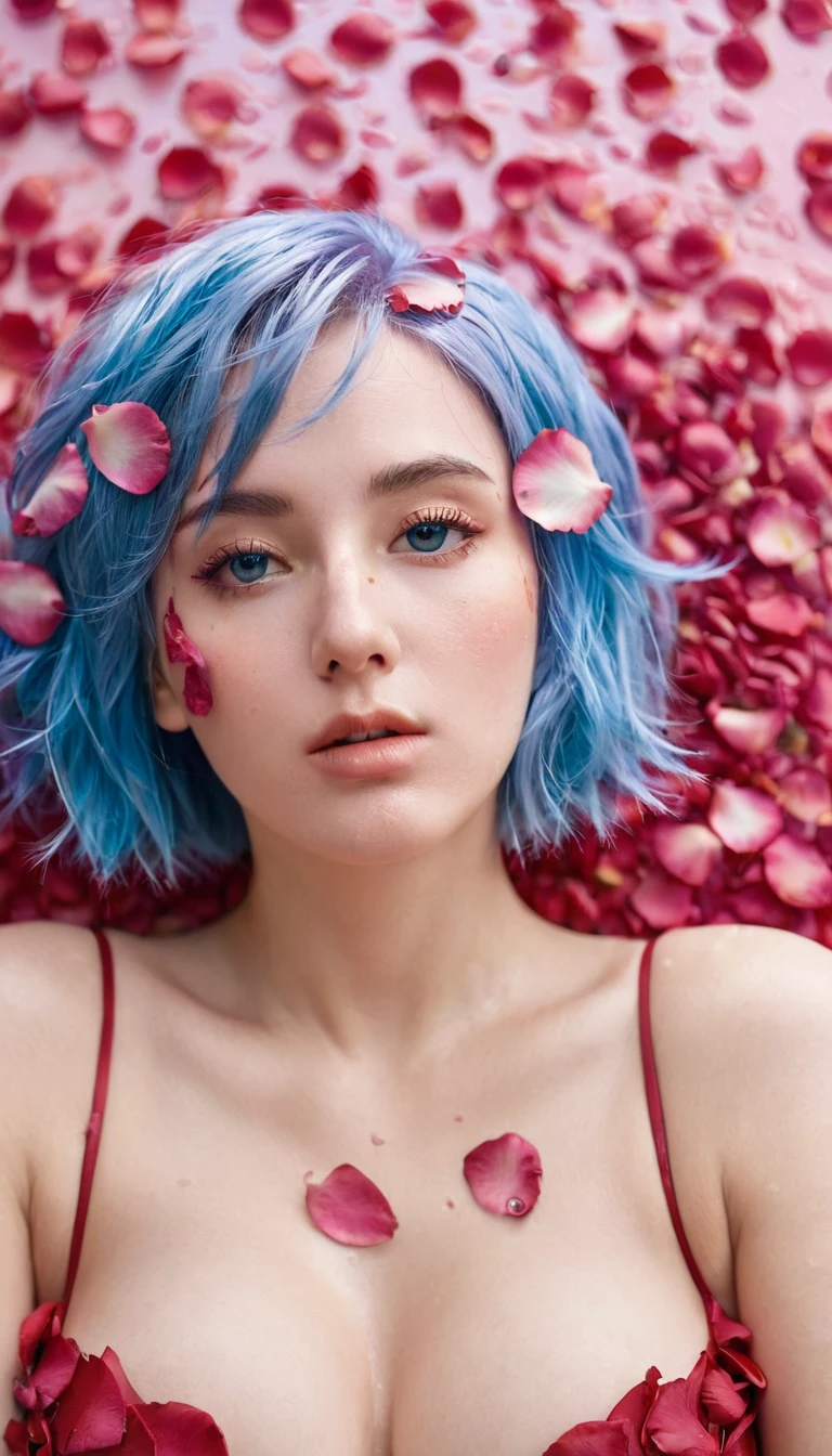 Very detailed, Seductive female sweating, Breasts covered with rose petals, (plump, pink/Blue Hair), Face-centered, Face Focus, Complex eyes,