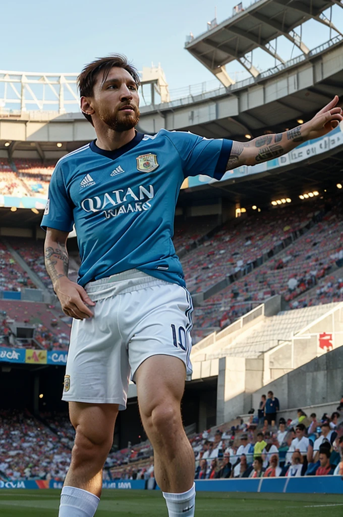 a basic cartoon caricature of Lionel Messi playing football and wearing an Argentina kit. Maracana Stadion background, adidas white blue outline. shirt number 10