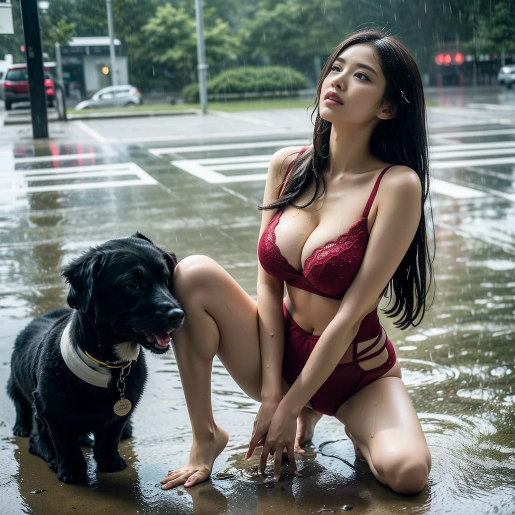 (best quality、8K、high resolution、masterpiece:1.2)、young and beautiful woman、huge breasts、(reach sexual climax)、(Stand with your legs apart)、(reach sexual climax表情:1.5)、(Luxury lingerie)、(Pouring rain:1.55)、(motion blur effect:1.5)、(wet body)、(wet hair)、Busy street on a rainy night、Gardenia style straight hair、neon、(looking at the camera)、( When taking pictures, Look up from the floor and focus on your crotch..）