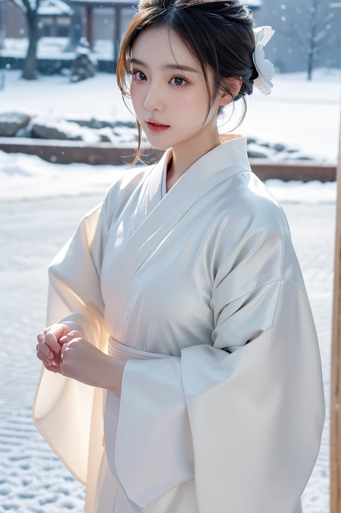 best quality, 8k, very delicate and beautiful, highly detailed face and skin texture, shiny skin, high resolution, cute japanese girl in white kimono stand on snow, sharp focus